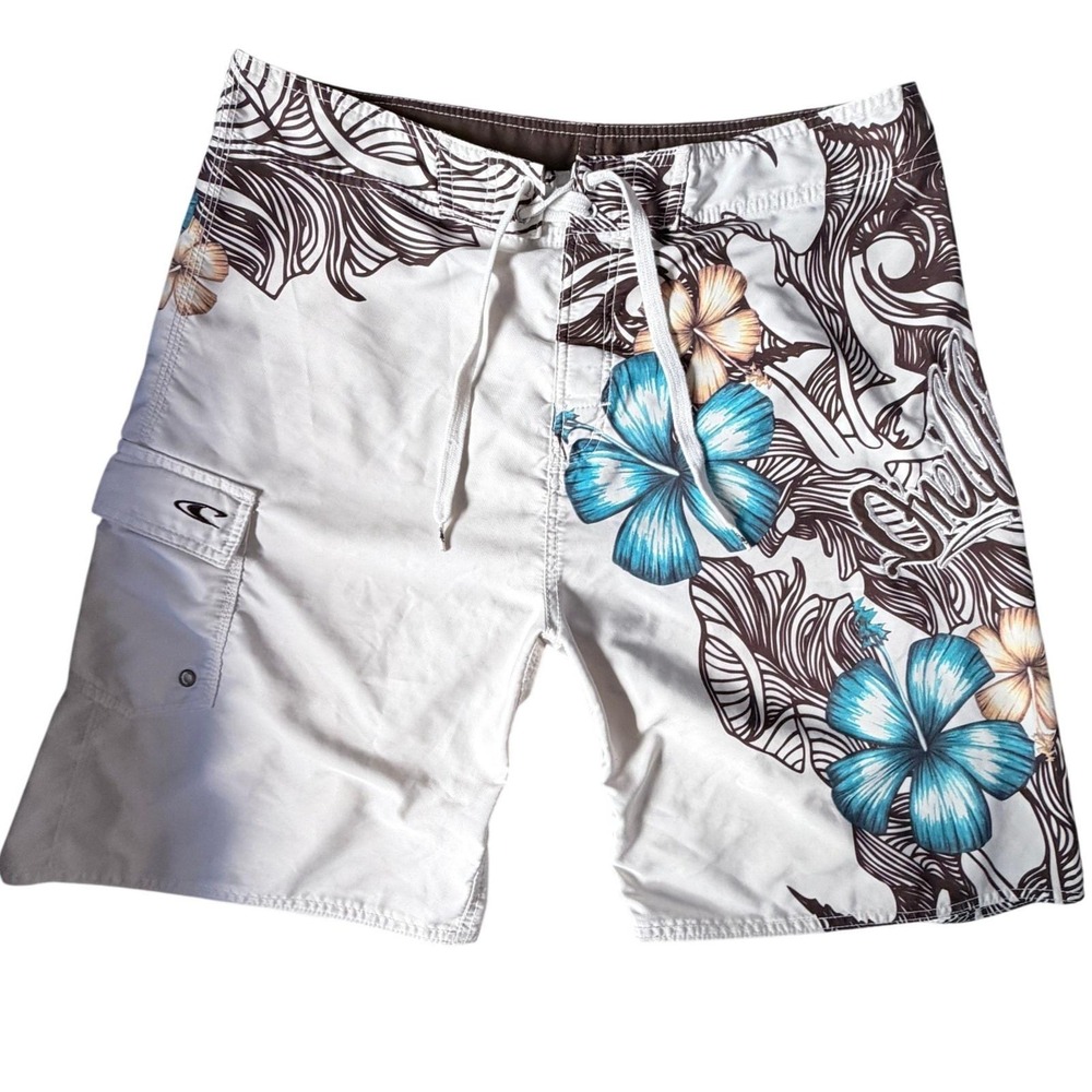 Vintage 90s Y2K O'Neill Mens 36 Board Shorts Hibiscus Flower Embroidered Cargo